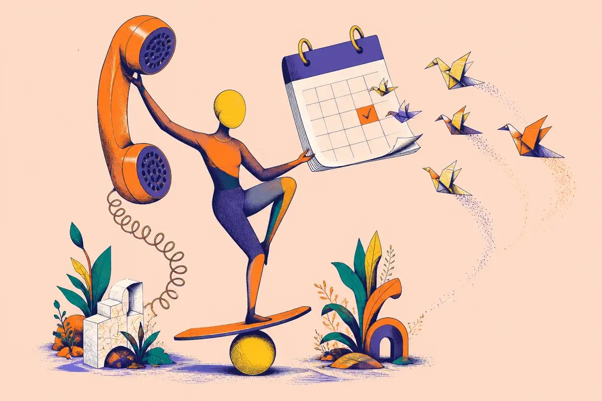 A hand-drawn person coordinating an appointment beside a calendar