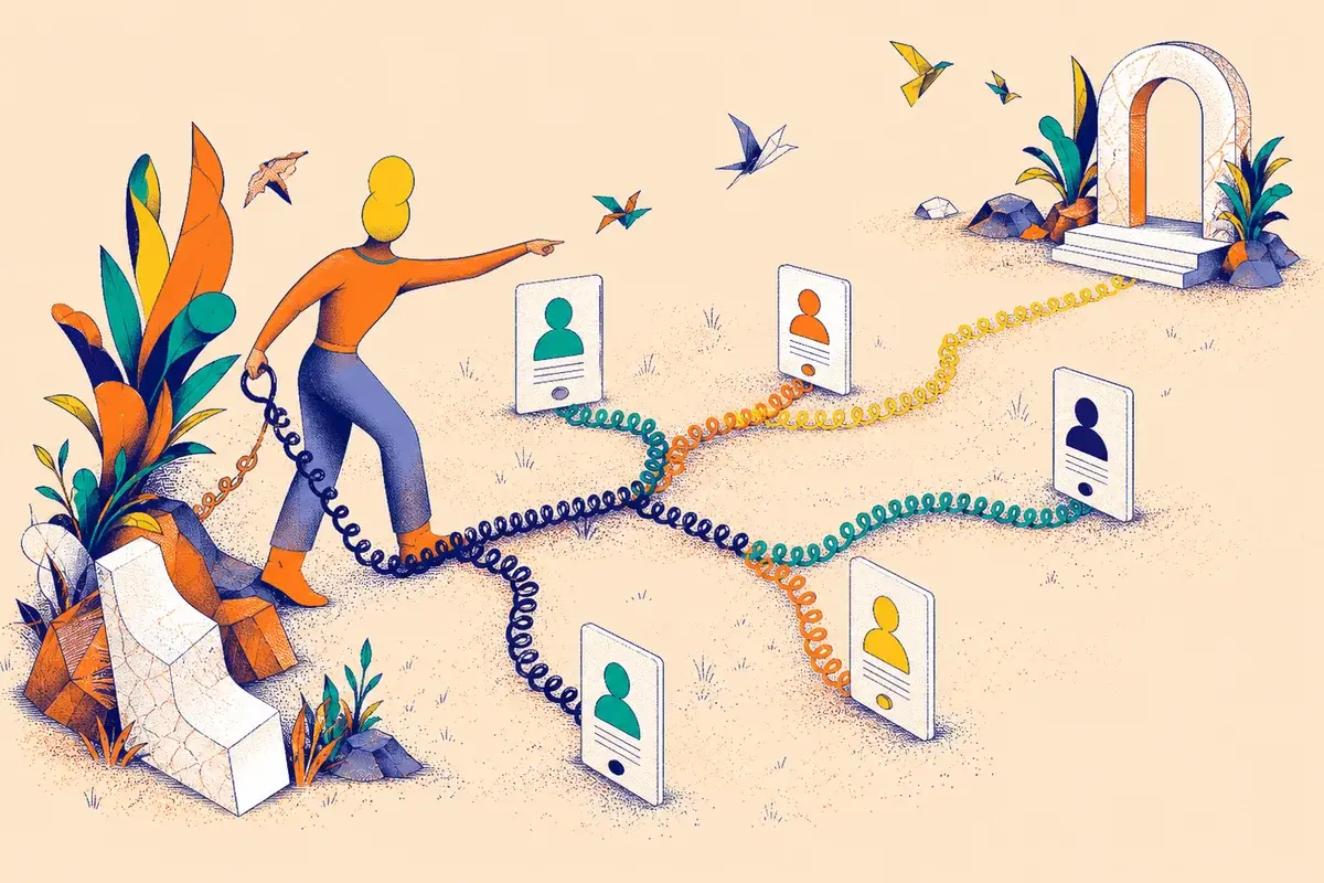 A hand-drawn person connecting with several local businesses by phone