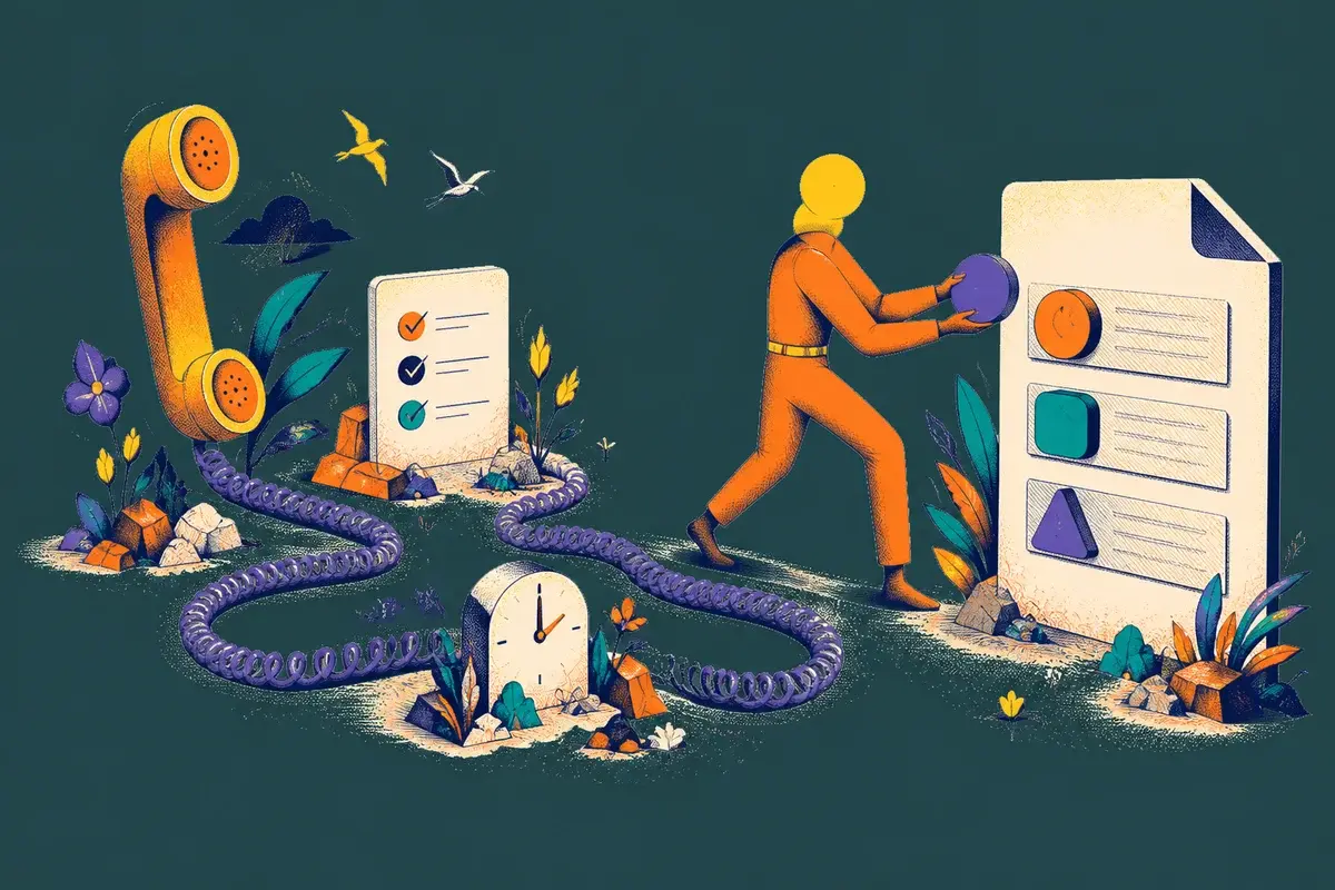 A hand-drawn phone path connecting a parcel, a clock, and a clear result